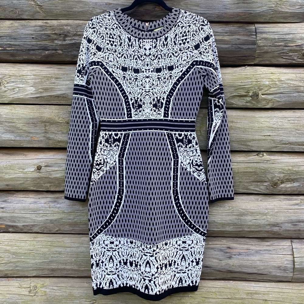 Gianni Bini Rorshak knit bodycon dress, long sleeves, above knees, SMALL